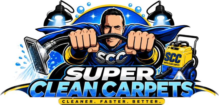 The Super Clean Carpets superhero mascot holding a cleaning hose